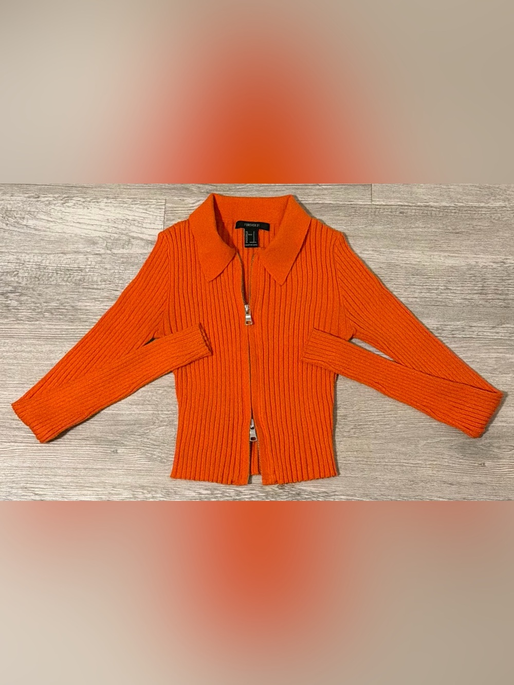 Forever 21 Orange Ribbed Two-Way Zip Collared Sweater Size Small